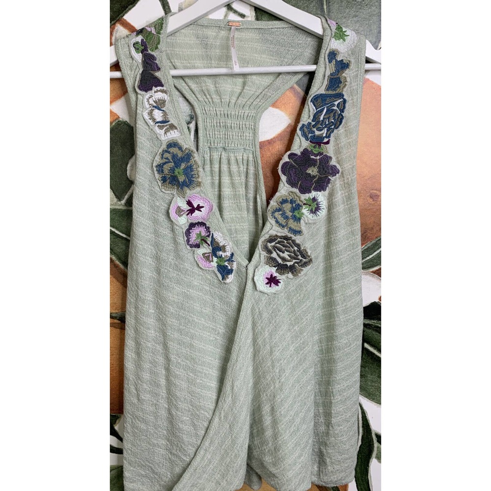 Free People Large Green Floral Embroidered Applique Surplice Racerback Tank Top